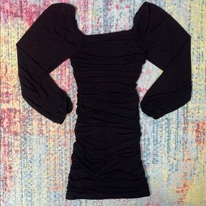 Black Ruched Puff-Sleeve Square-Neck Dress